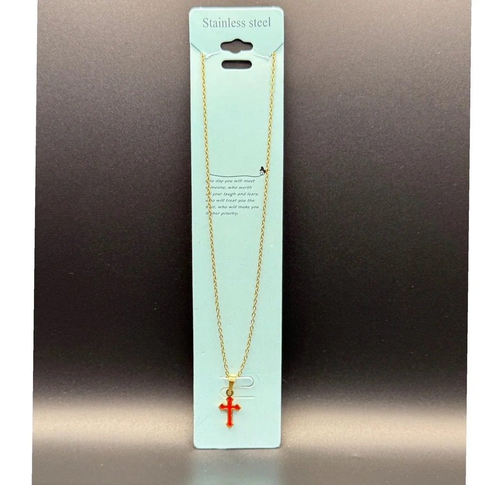 Gold Tone Stainless Steel Red‎ Cross Pendant Necklace Religious Jewelry